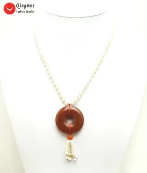 Qingmos Naturale Pearl Colier pentru Femei cu 6-7mm Alb Rotund Pearl & 40mm Gogoși Forma Red Agate Colier Pandantiv Bijuterii