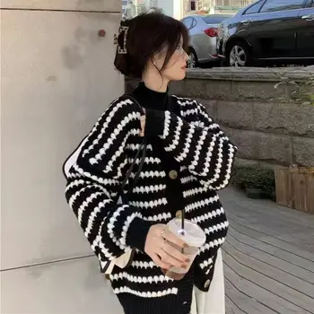 Versiunea coreeană Pulover cu Dungi Cardigan Jacheta Femei Primavara Toamna Stil Externe Stil Stil Leneș Vrac Top Versatil