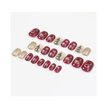 24buc/cutie False nail patch-uri detașabile, ușor de purtat unghii nail patch red fulg de nea elan pom de Crăciun nail art patch finishedproduct