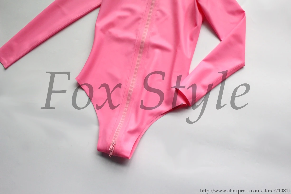 mâneci lungi din latex catsuit roz Imagine 3