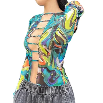 Femei Casual Plaja Cămașă Bluză De Vară Abstracte Colorate, Imprimate Cu Maneci Lungi Plasă Hollow-Out Culturilor Topuri Doamnelor Sexy Streetwear