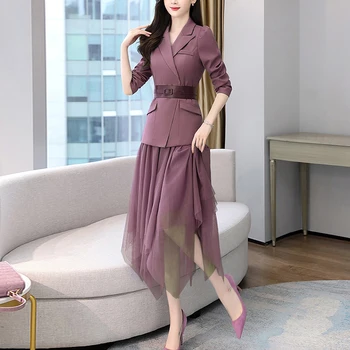 Femei Costum Nou de Primăvară-coreean Slim Eșarfe Blazer Tul Fuste Talie Elastic Plasă Plisată Midi Femei Costum Fusta 2 Piecse Set