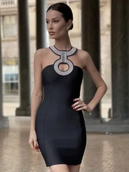 Femei De Moda Sexy Designer De Gaură De Cheie Mini Rochie Bandaj 2022 Diamante De Cristal Stralucitoare Celebritate Negru Clubul De Seara, Rochie De Petrecere