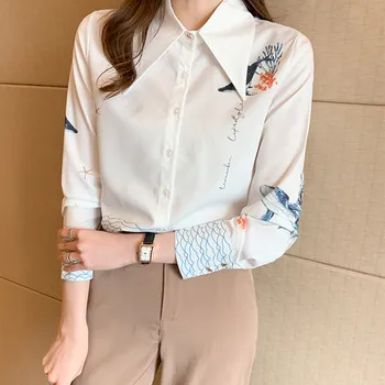 Femeile din coreea Sifon Tricouri Alb Bluze Femei Bluza cu Maneci Lungi Topuri Femeie Print Camasa pentru Femei Floral Bluza Femei Top XXL