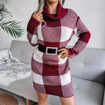 Moda Femei Elegante Carouri Tricotate Guler Rochie Casual Toamna Streetwear Pulover Vrac Vestidos De Iarna De Cald Tricot Rochii