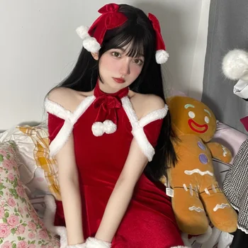 Toamna Iarna Sweety Girly Mini Costum Rochie Kawaii Arc Drăguț Moda Retro Fără Mâneci Crăciun De Pluș Roșu Bretele Rochii