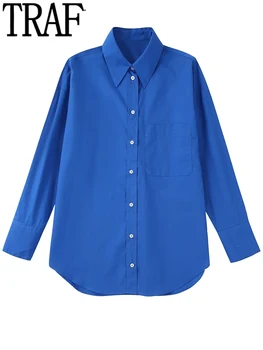 TRAF Butonul Albastru de Sus Tricou Femei Toamna cu Maneca Lunga Bluza de Moda de sex Feminin Buzunar Cămașă cu Guler Femeie Largi, Bluze Casual